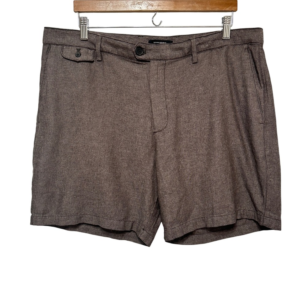 Banana Republic Linen Blend Tweed Shorts Mens 38 Brown Herringbone Flat Front